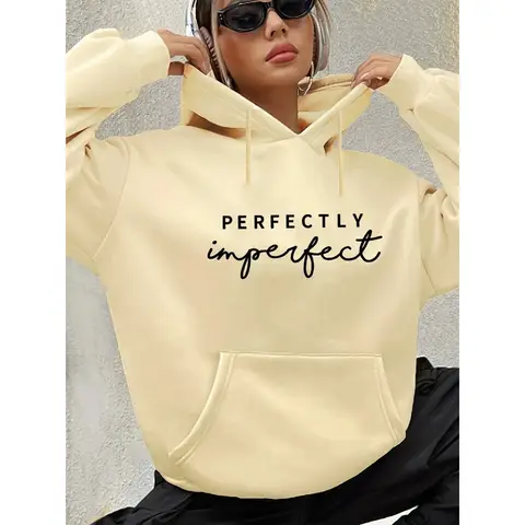 Women's autumn and winter warm and loose casual PERFECTLY letter printed suede long sleeved hooded sweatshirt