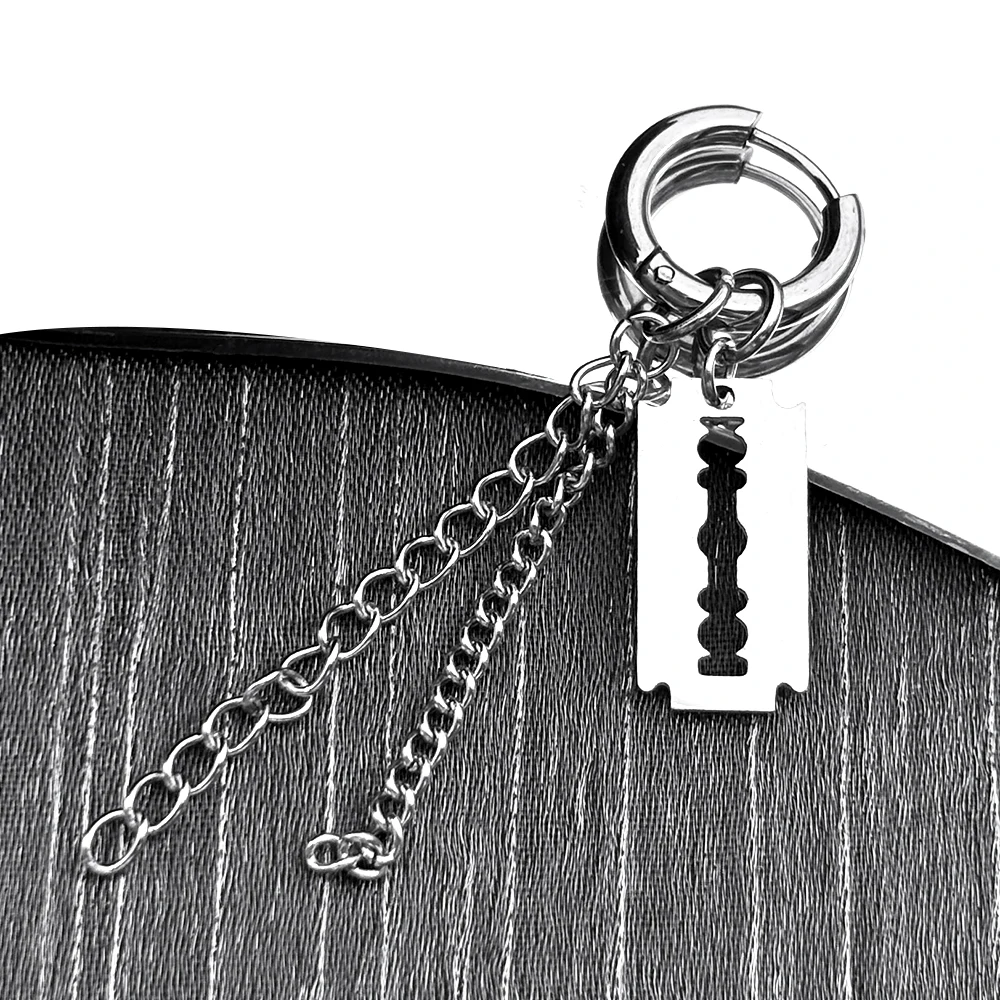 1PC Stainless Steel Razor Blade Chain Tassel Hoop Earrings for Men Women Silver Color Punk Gothic Steampunk Earring Jewelry