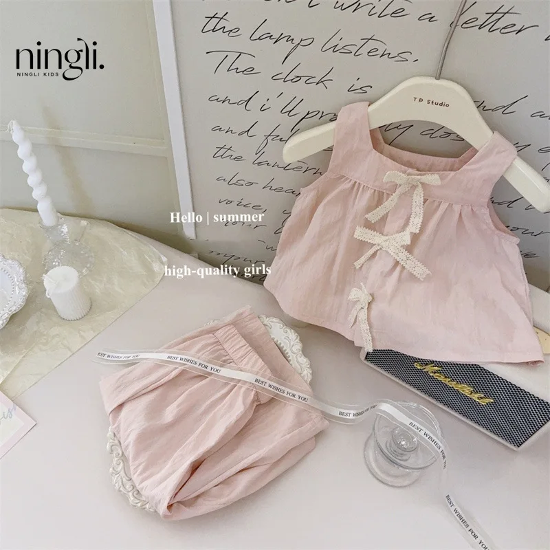 Childrens Sets Girls Baby French Bow Knot Sleeveless Vest Tops Light Thin Breathable Wide Leg Pants Two Pieces 2024 Fashion