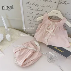 Childrens Sets Girls Baby French Bow Knot Sleeveless Vest Tops Light Thin Breathable Wide Leg Pants Two Pieces 2024 Fashion