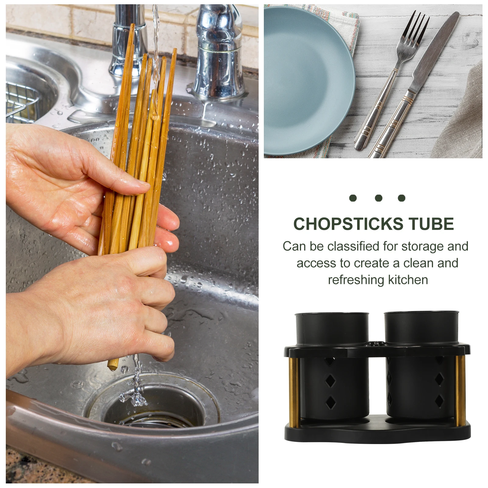 

2pcs Stainless Steel Kitchen Utensil Holder Double Grid Chopstick Storage Organizer With Drain Holes Black Cutlery Rack For Home