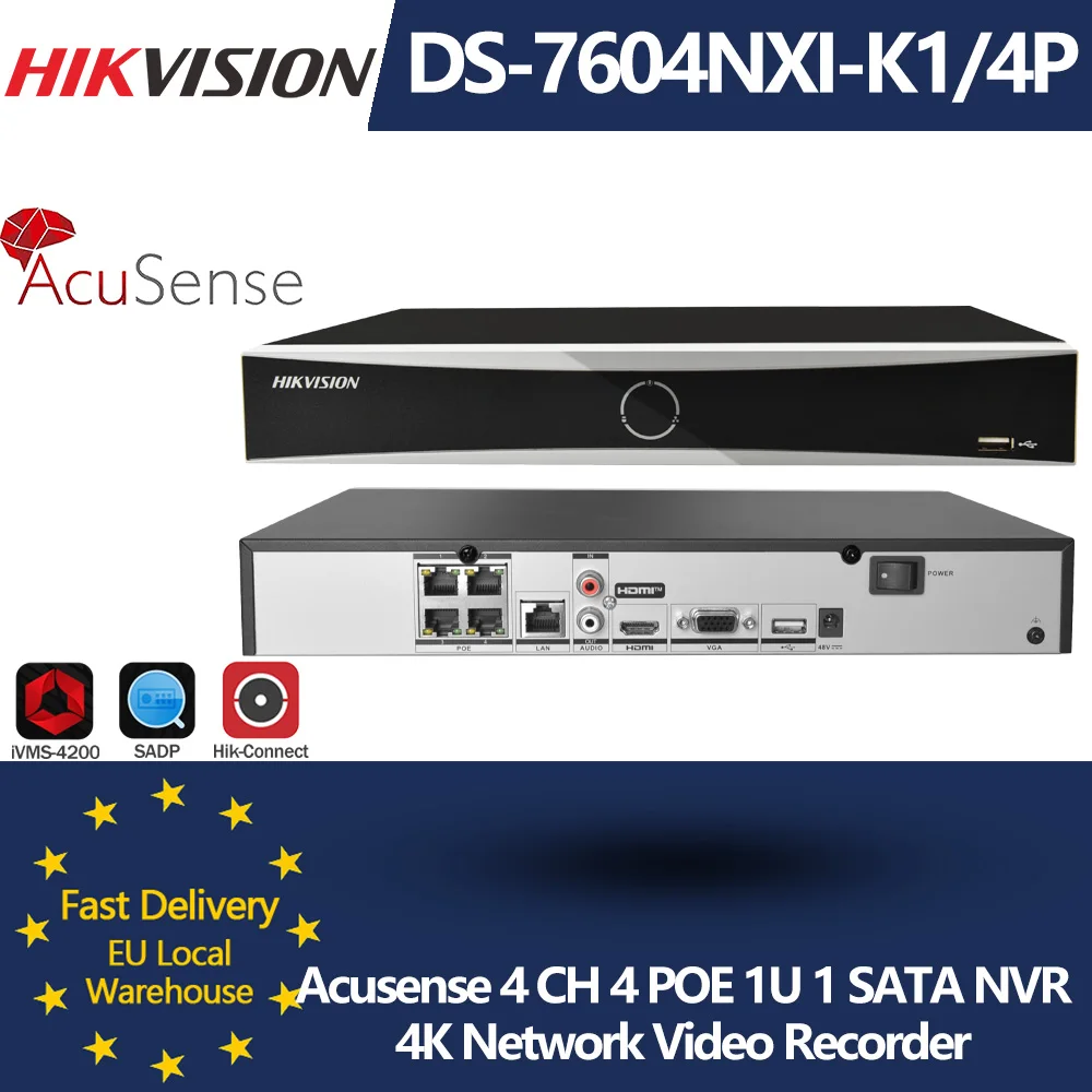 Hikvision DS-7604NXI-K1/4P 4K 4 Canales 4 POE Acusense AI por Cámara/NVR 1SATA NVR 12MP H.265+ Grabador de Video en Red para Vigilancia