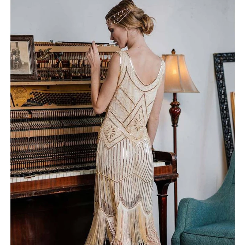 New Woman 1920s Costume Flapper Dress Sleeveless Vintage Great Gatsby Party Evening 20s Sequins Fringed Dresses Gown S-4XL