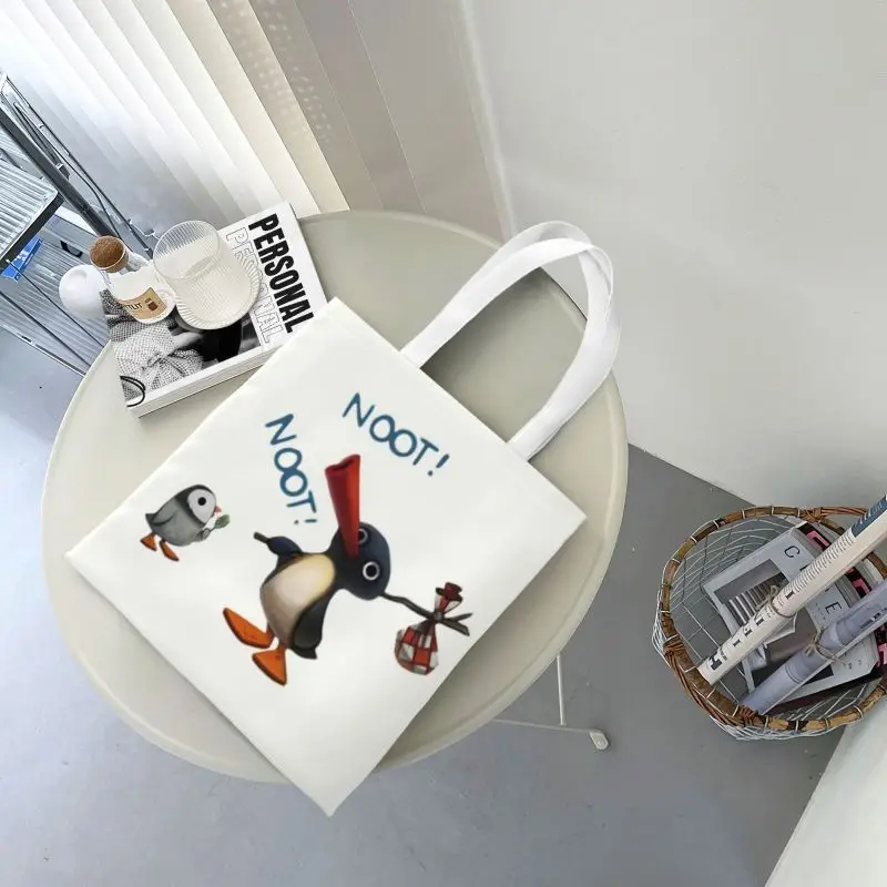 Custom Noots Pingu Penguin Canvas Shopping Bag Women Portable Groceries Tote Shopper Bags