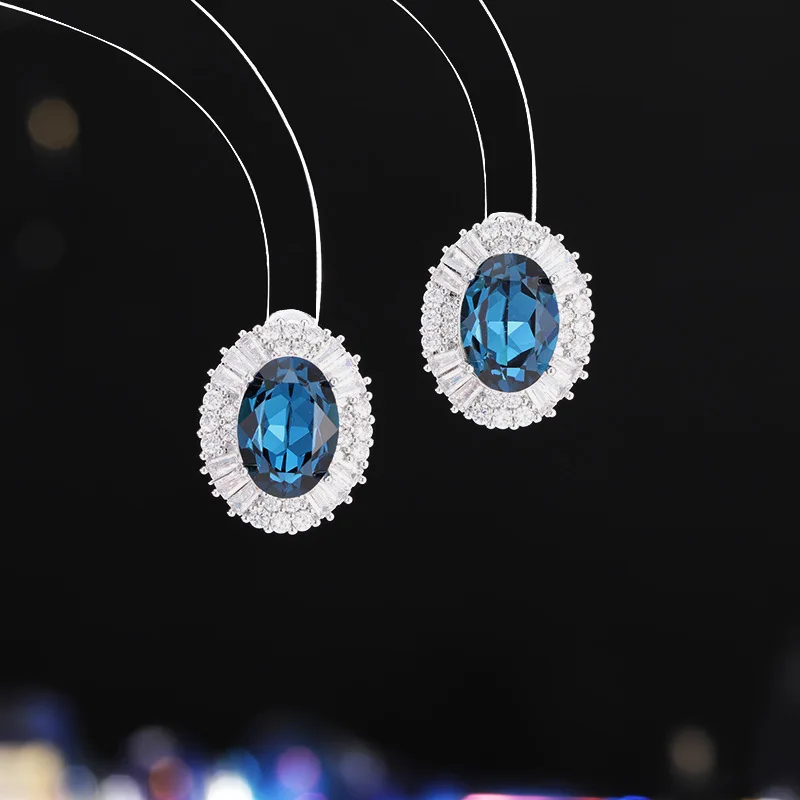

High-end Light Luxury Blue Crystal S925 Silver Needle Zircon Simple Geometric Oval Commuting Versatile Earrings for Wom