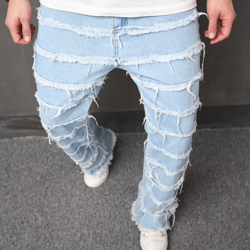 High street Men Loose Stacked Spliced Biker Jeans Straight Trousers Męskie hip hopowe stylowe spodnie motocyklowe dla mężczyzn