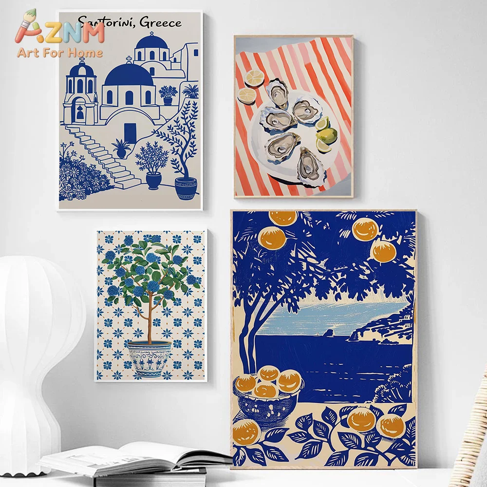 AZNM Mediterranean Style Canvas Wall Art Santorini Blue White Fish Oyster Fruit Plant Painting Coastal Kitchen Room Decor Unfram