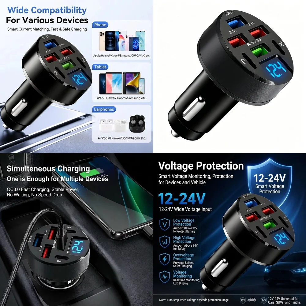 6 in 1 Multi Port Car Charger 100W with LED Digital Voltage Display QC3.0 PD Fast Charging USB Adapter for iPhone Samsung