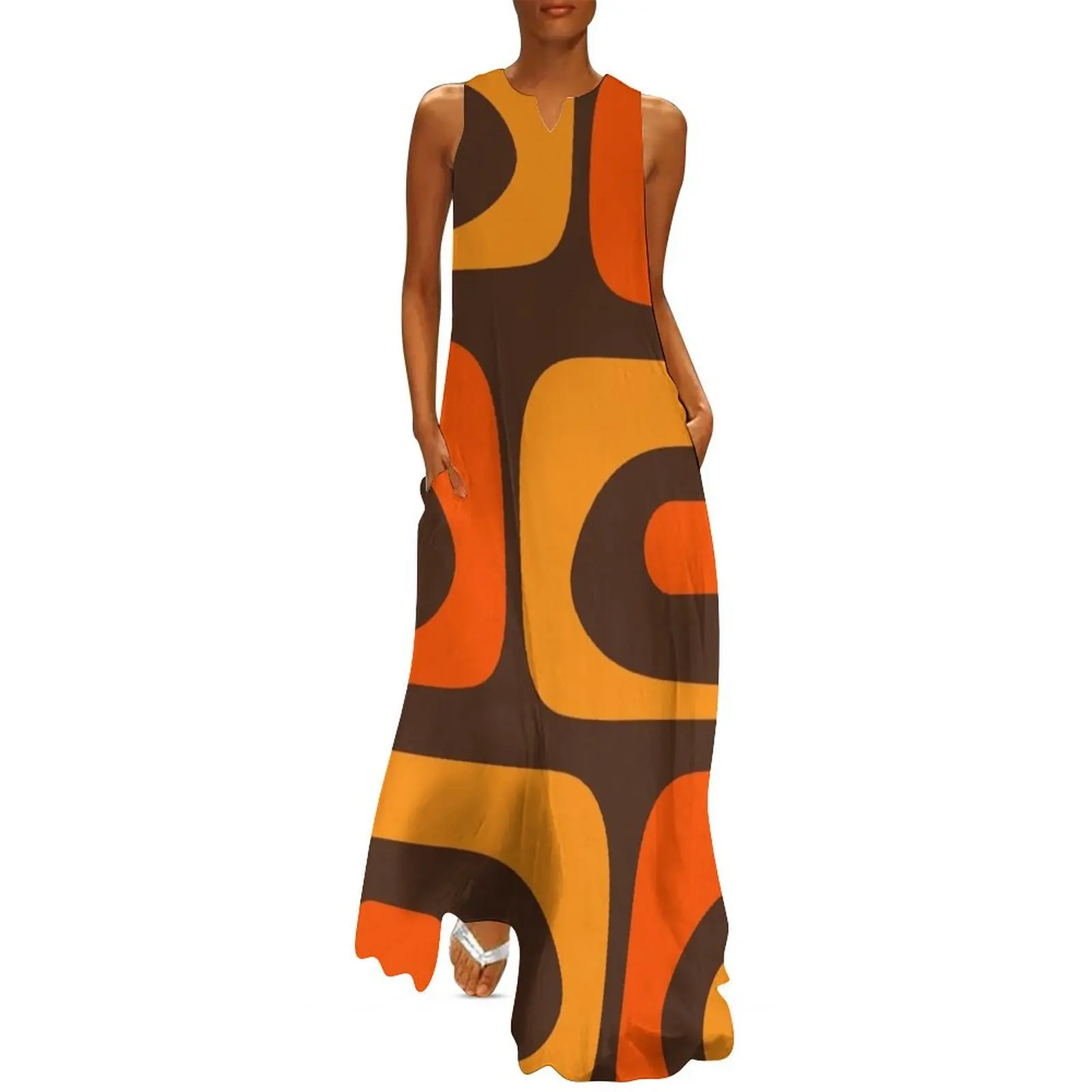 

Mid-Century Modern Piquet Retro Minimalist Abstract in 70s Brown and Orange Long Dress Female clothing Dress