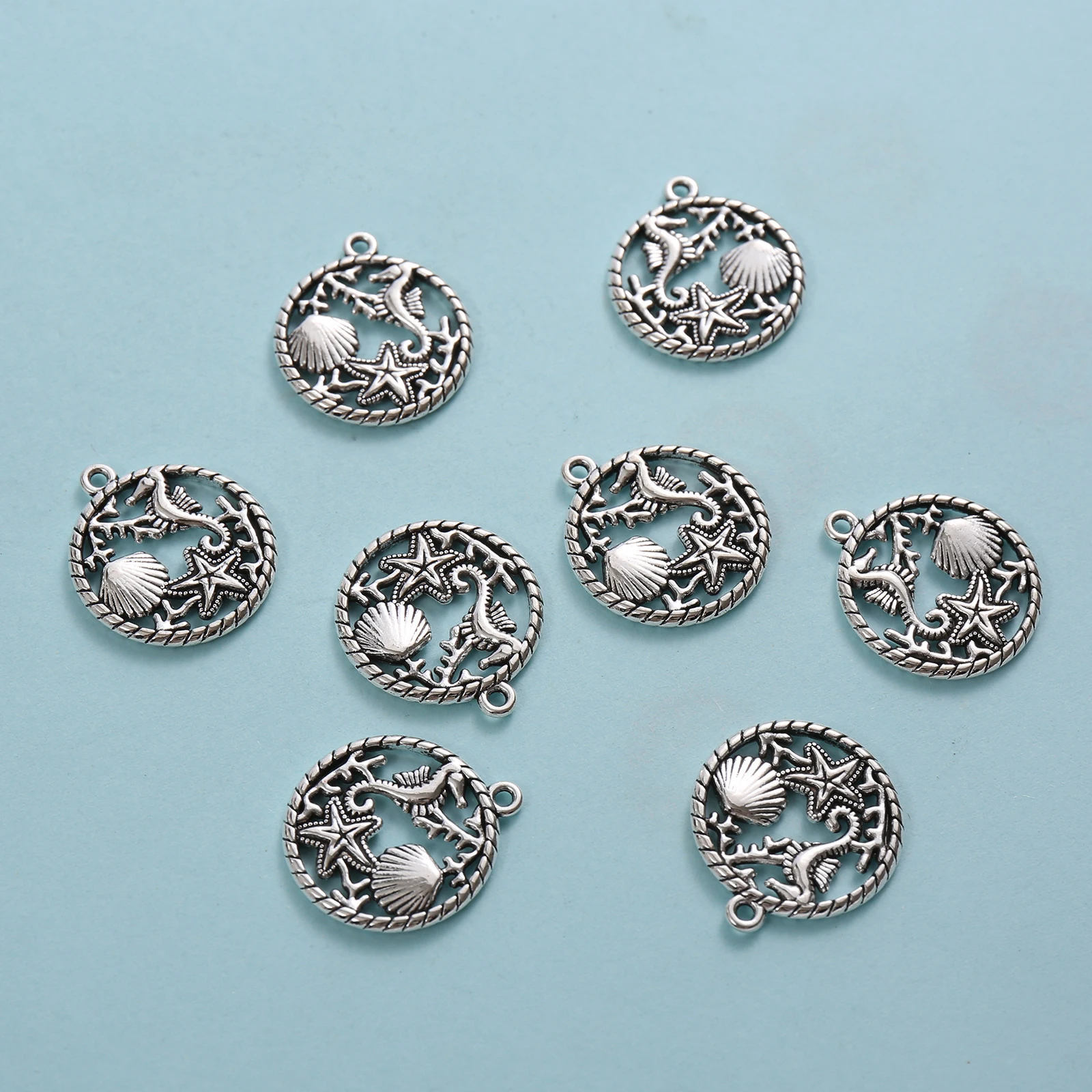 10 Hollow Ocean-Themed Charms Featuring Seahorses, Shells, and Starfish, Vintage Underwater Creature Pendants with Woven Edges, Suitable for DIY Bracelets, Necklaces, and Earrings, Seaside Vacation Ocean-Themed Handmade Beaded Jewelry Accessories