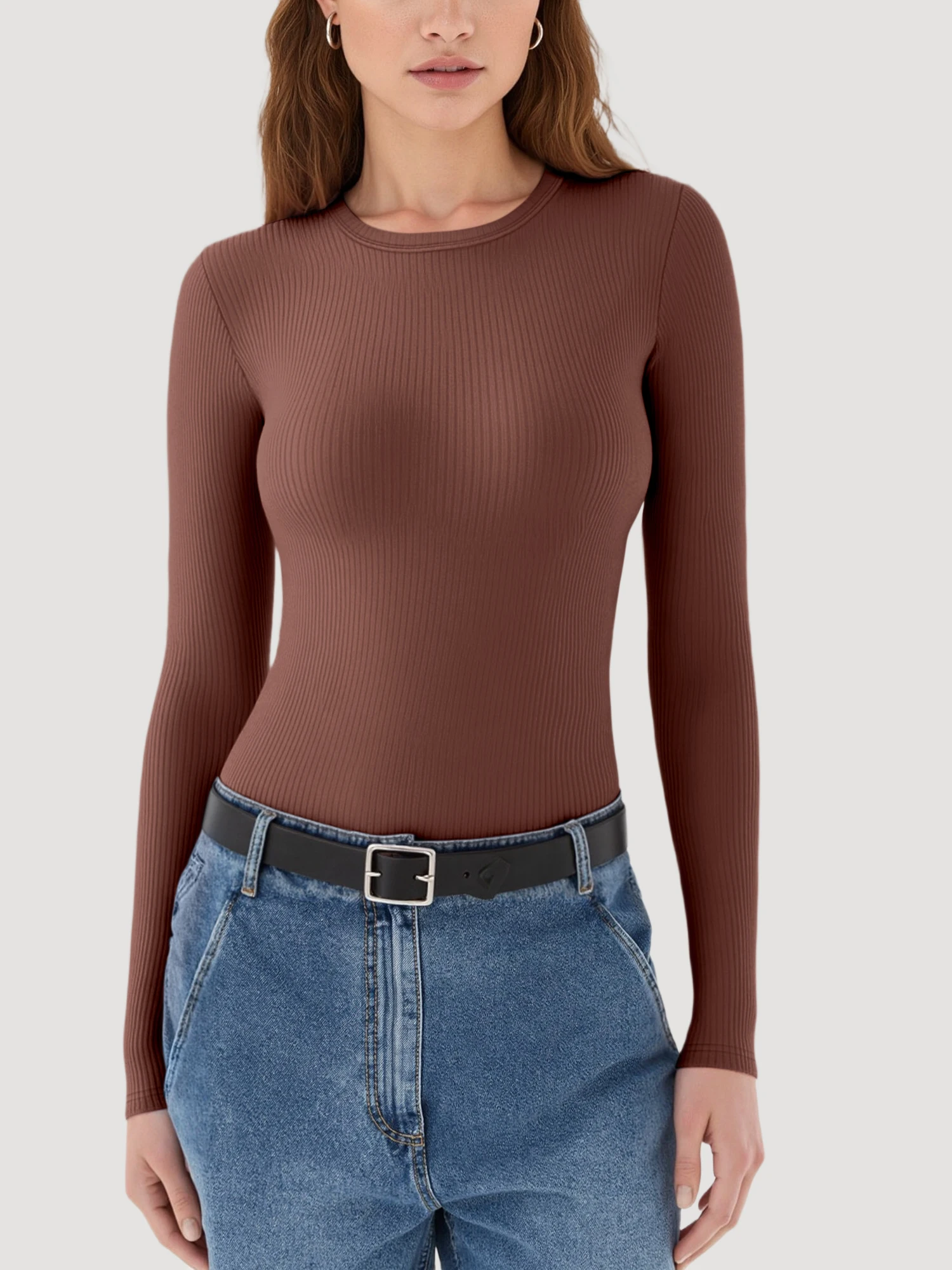Smart Casual Ribbed Cropped Long Sleeve Shirt, Round Neck Slim Top for Office Daily Wear & Café Gatherings view 3