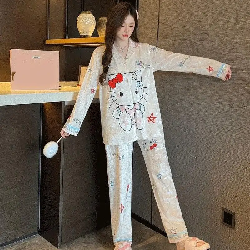 

Золотой бархатный зимний пижамный комплект Sanrio Girl Kawaii Hello Kitty Comic, сохраняющий тепло, одежда для отдыха на открытом воздухе, новый комплект