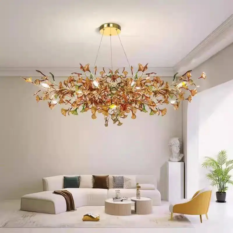 

New living room minimalist chandelier moder luxurious creative colorful ginkgo leaf designer duplex building villa lighting