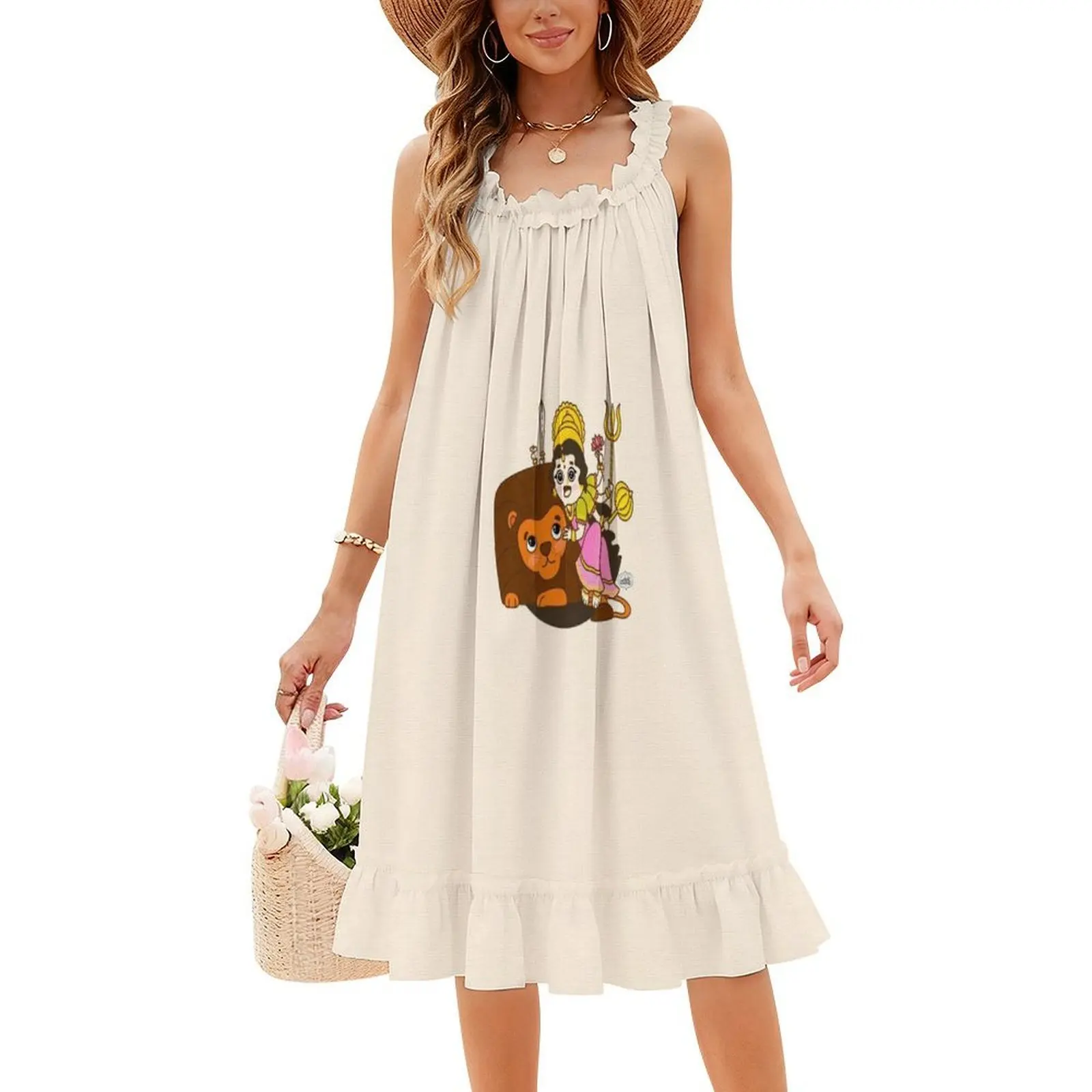 آلهة دورانجا مع الأسد الهندوسية-الآلهة الهندية البوهيمية بلا أكمام فستان متعدد الطباعة عطلة الشاطئ فستان الحفلات الآلهة الهندوسية #4