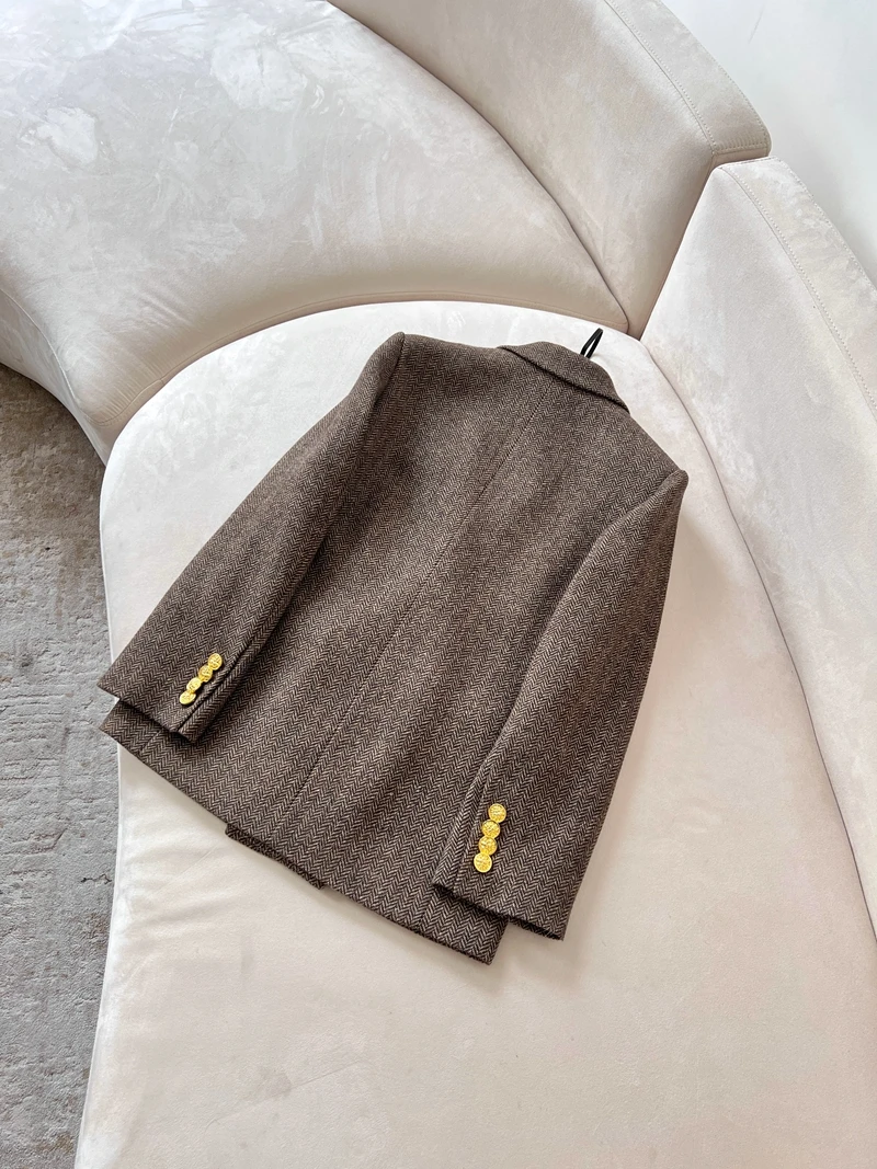 

Autumn 2025 Women's Vintage Briti Sle High-Defn Coffee Wool Blend Tweed Suit Jaet Faionable Stand Fit Long S...