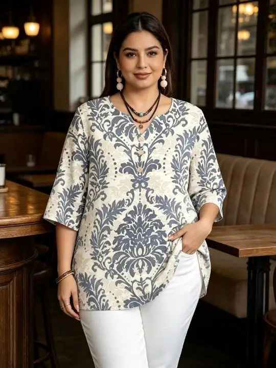 Plus Size Damask Floral Print Blouse Notch V‑Neck 3/4 Sleeve Decor Buttons Loose Boho Vintage Women Casual Shirt