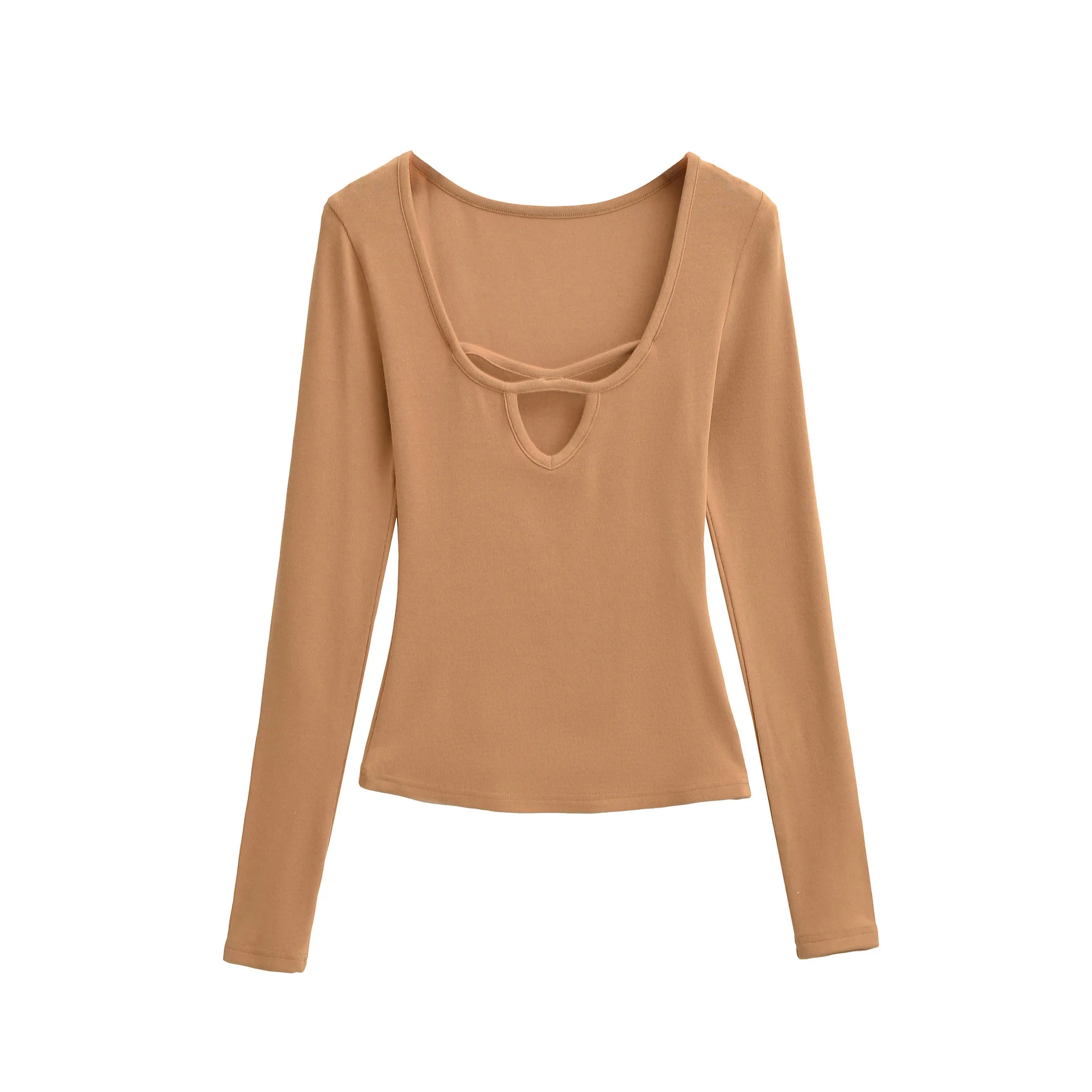 French Style Spicy Girl Hollow Chest Cross Cashmere Long Sleeve Women's Waist-Cinching Sexy Slim Fit Base Shirt T-Shirt Top P3Y1