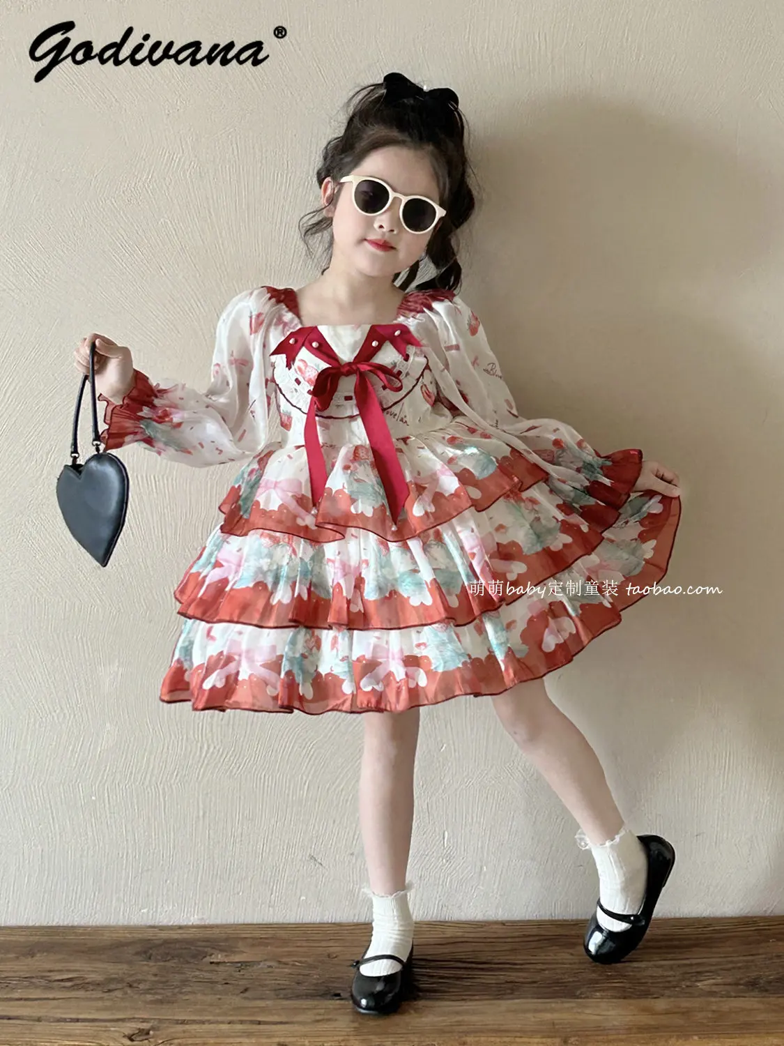 Sweet Baby Girls Pastoral Print Puffy Cake Dress 2026 Spring New Little Girl Long Sleeve Square Collar Ruffle Trim Princess Gown