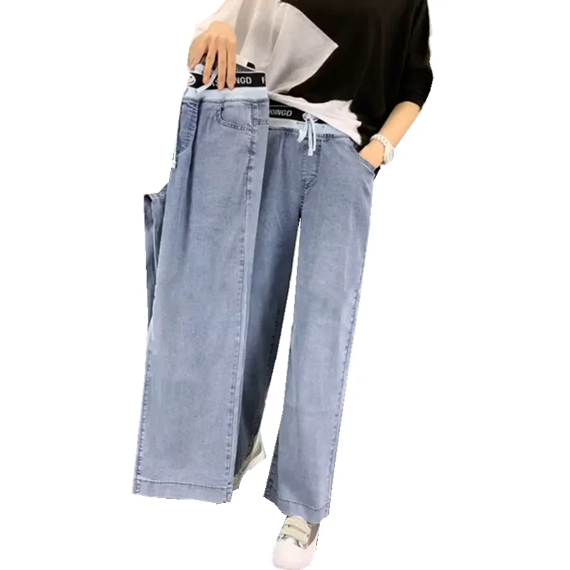 Sommer Neue Hohe Taille Koreanische Sle frauen Jeans Dra Lose Breite Bein Gerade Lange Hosen Hitzebeständige Ele Damen tro...