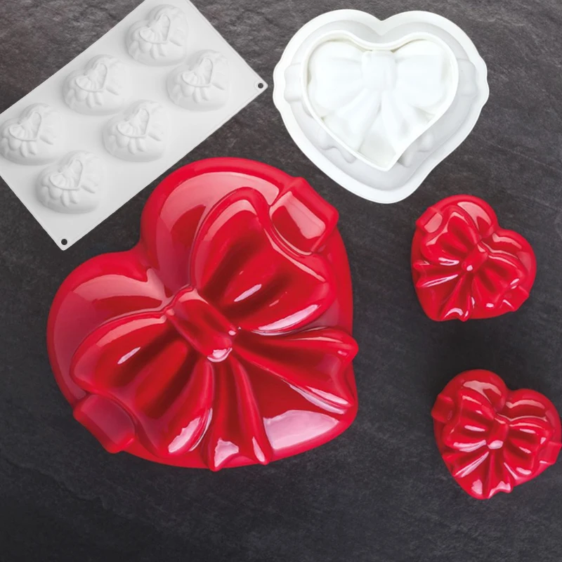 Meibum Heart Shaped Base Top Bow Texture Design Cake Mould Valentine's Day Silicone Cake Molds Mousse Dessert Bakibg Tools