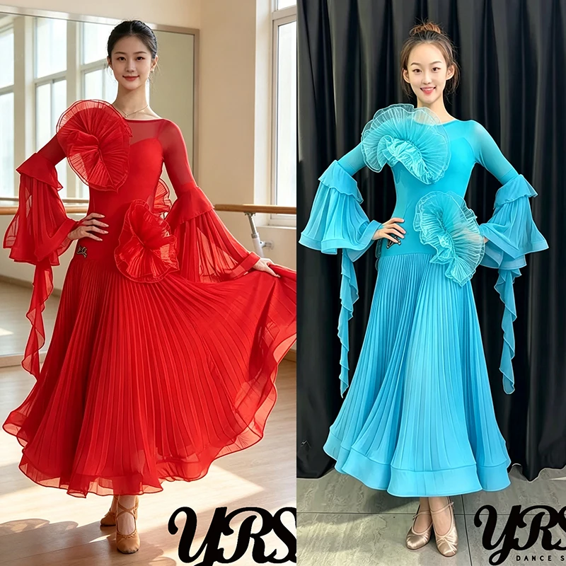 New Ballroom Dance Clothes Women Blue Red Flowers Pleated Dress Practice Clothing Waltz Tango Dance Performance Costume BL20424