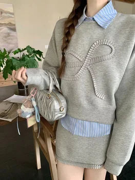 Conjuntos de 3 piezas de moda de estilo Preppy, sudaderas informales para mujer, camisa a rayas y minifaldas, prendas de vestir elegantes de Corea, trajes Y2k con lazo para otoño