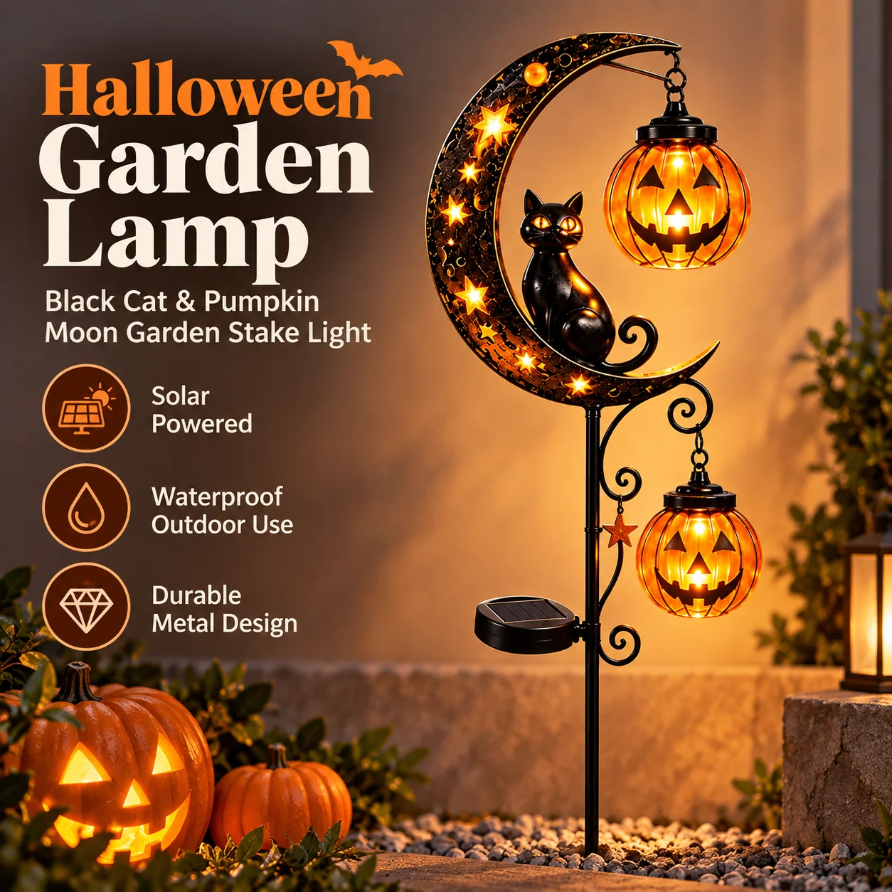 Solar Halloween Black Cat Pumpkin Moon Garden Stake Light Outdoor Waterproof Metal LED Lawn Lamp for Yard Patio Pathway Decor