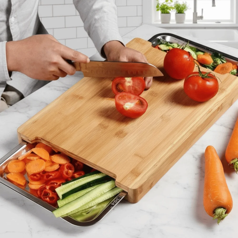 Thickened Wooden Cutting Board with Drawers Non-Slip Cheese Board Eco-Friendly Multi-Functional Bread Cutting Board