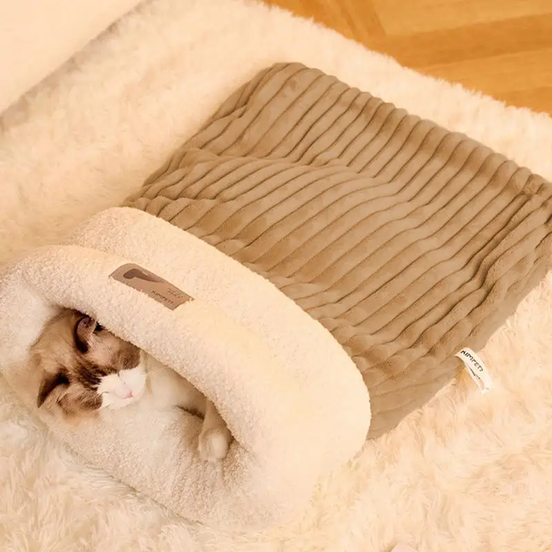 Cute Cat Bed Warm Cat Sleeping Bag Deep Sleep Cave Winter Detachable Pet House Bed for Cats Dogs Nest Pillow with Pillow