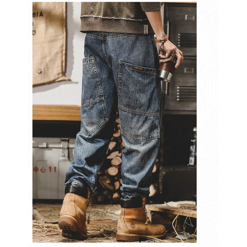 

American Retro Jeans Men Autumn High StreetinsTrendy Cargo Pants Men Loose Fit Plus Size Straight Wide-Leg Pants