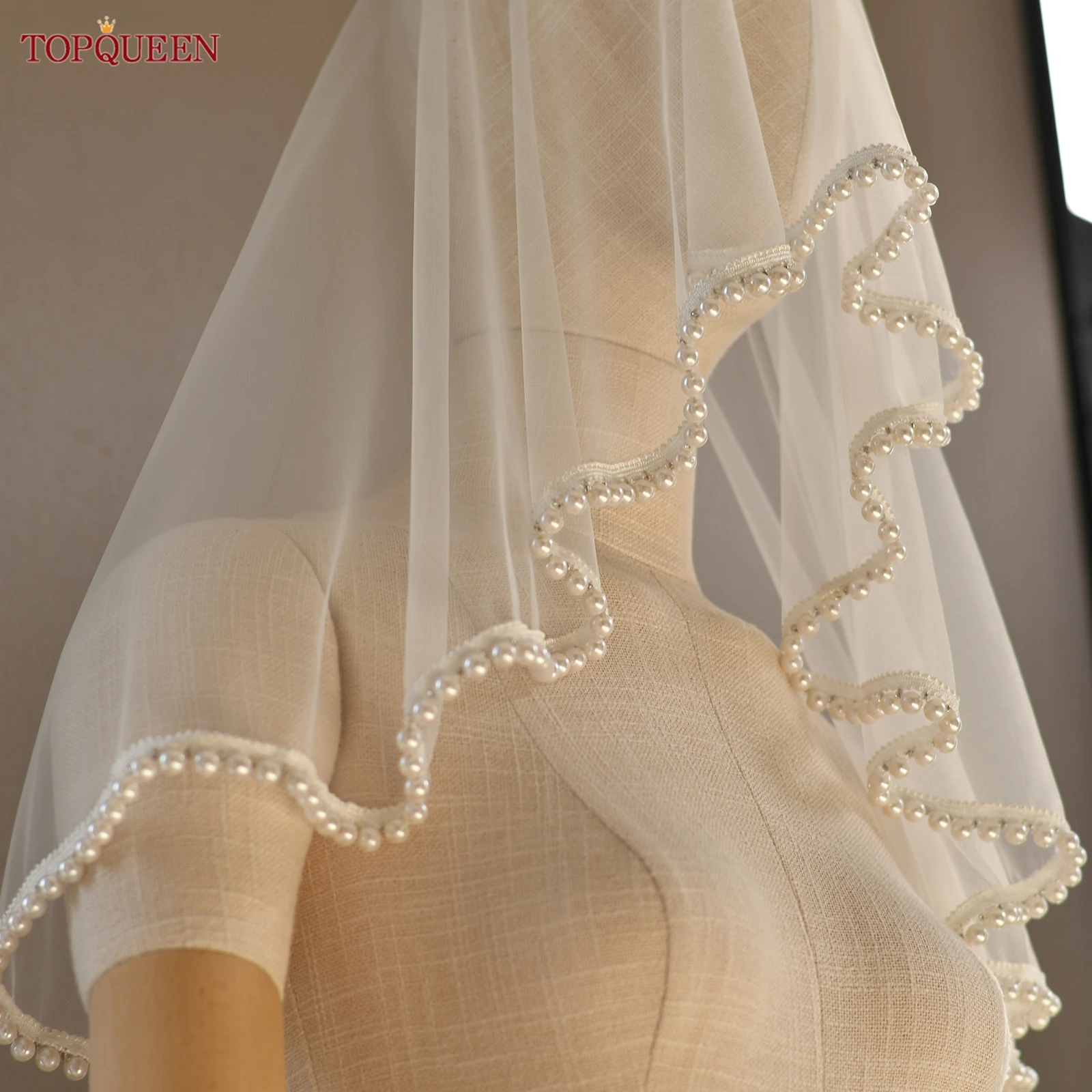 TOPQUEEN Va28 Элегантная свадебная фата с краями из бисера, несколько стилей ношения, фата с румянами из белого жемчуга, свадебный аксессуар, настраиваемый
