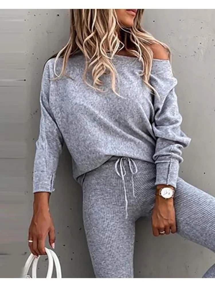 Fashion 2 Pieces Sets Women Solid Outfits Spring Autumn Sets Ladies Long sleeve Slash Neck Suits Streetwear Joggers Tracksuit