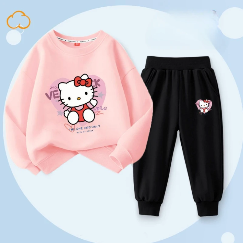 Hello Kitty Sweatshirt Sets for Girls Autumn Long Sleeve Top and Pants Two Piece Suit Children's Clothing Set Kids Tracksuit