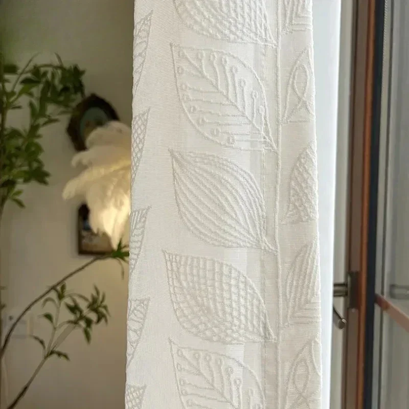 

Custom Size Cream Style Leaf Three-dimensional Relief Living Room Sheer Screen New Light-transmitting and Opaque White Tulle