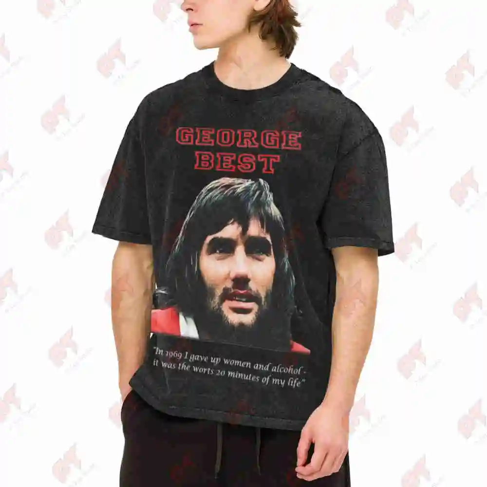 George Best Soccer Autograph Vintage Washed Tee Pure Cotton T-Shirt