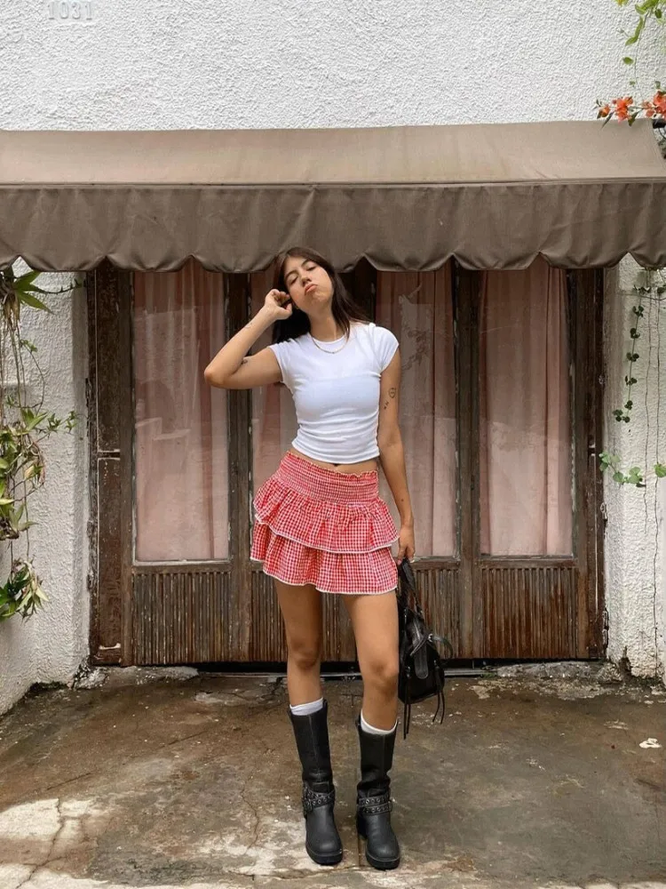 Cross-Border Style Casual Plaid Bubble Skirt Elastic Waist Lace High Waist Polyester Short Skirt Women's Fashion Spring Summer
