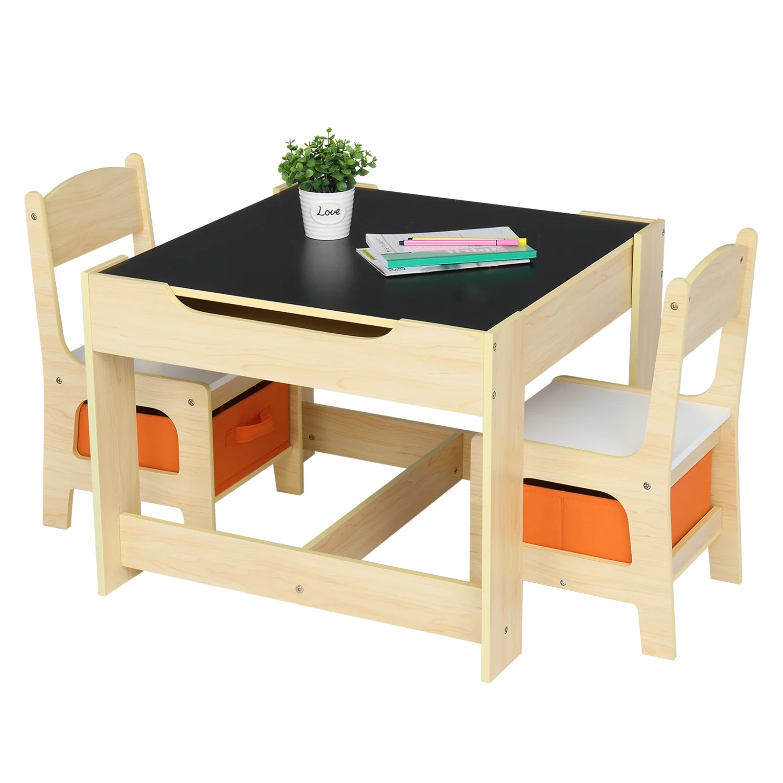 Una tavolo e due sedie con due borse portaoggetti Tavolo e sedia per bambini color legno con bordo di densità 61,5 * 61,5 * 48 cm possono contenere N201