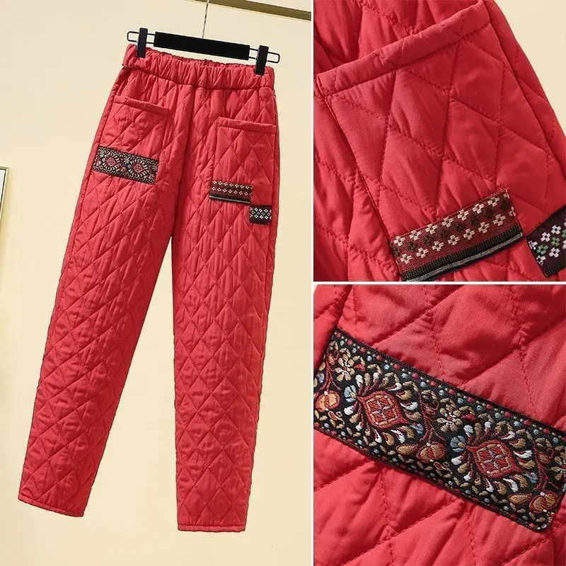 Women's High Waist Cotton Pants Patchwork Harlan Warmth Diamond Pattern Simulation down Silk Cotton Pants Straight Leg Trousers