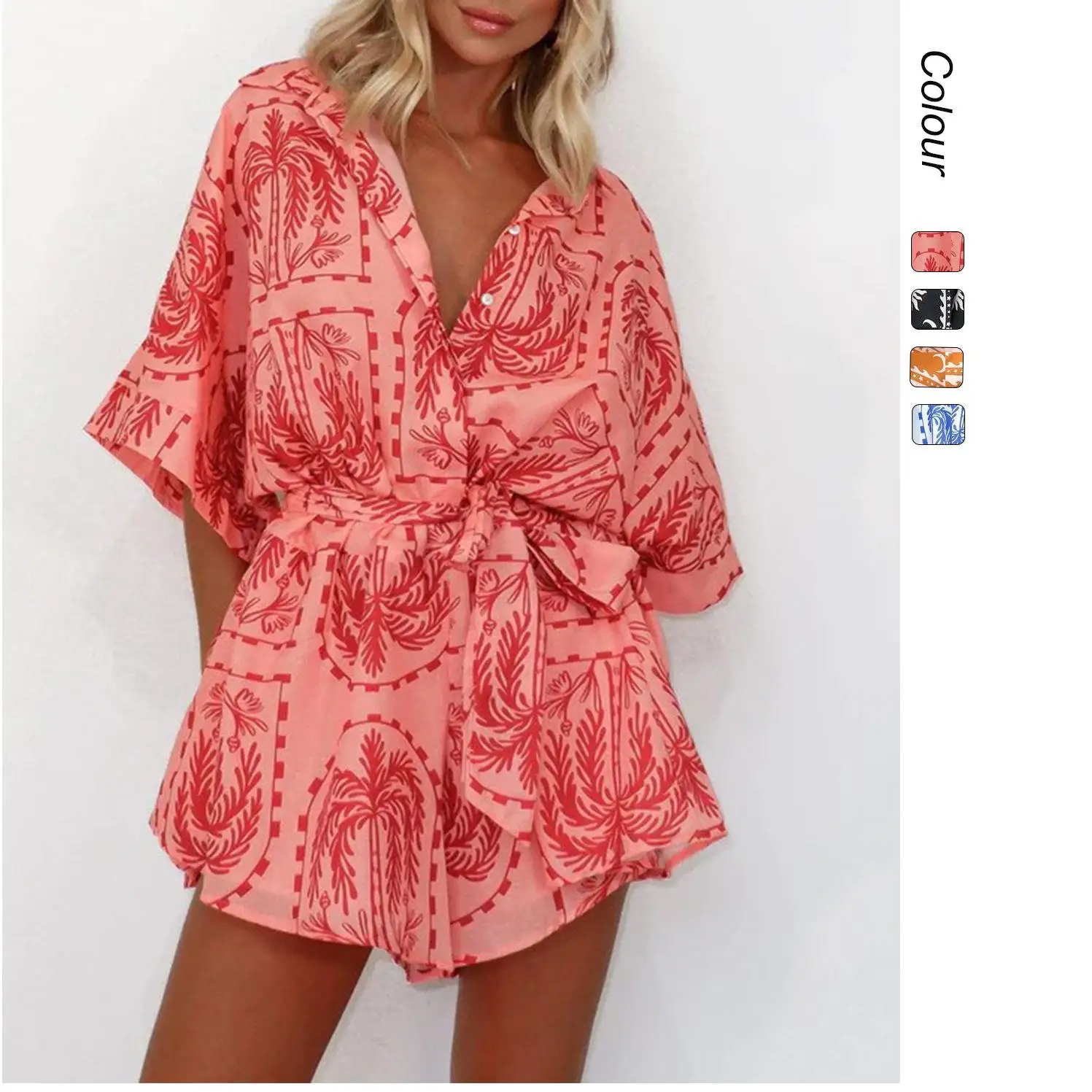 

Summer 2025 Sexy Waist-Cinching Belted Print One-Piece Suit for Women ort Pants Mid-Waist Design 00% Fabric Ladies Jumpsuit