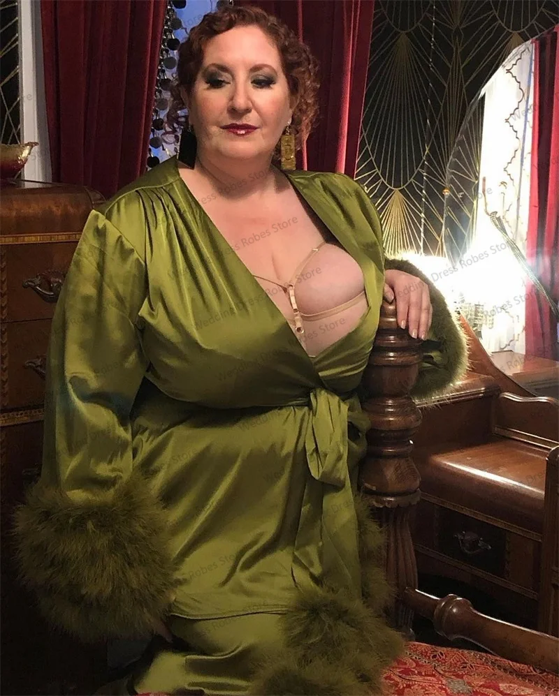 Robes de nuit en plumes pour femmes, vêtements de nuit sexy en satin, ensemble 2 pièces, vêtements et pantalons, ceinture, séance photo, sur mesure, grande taille