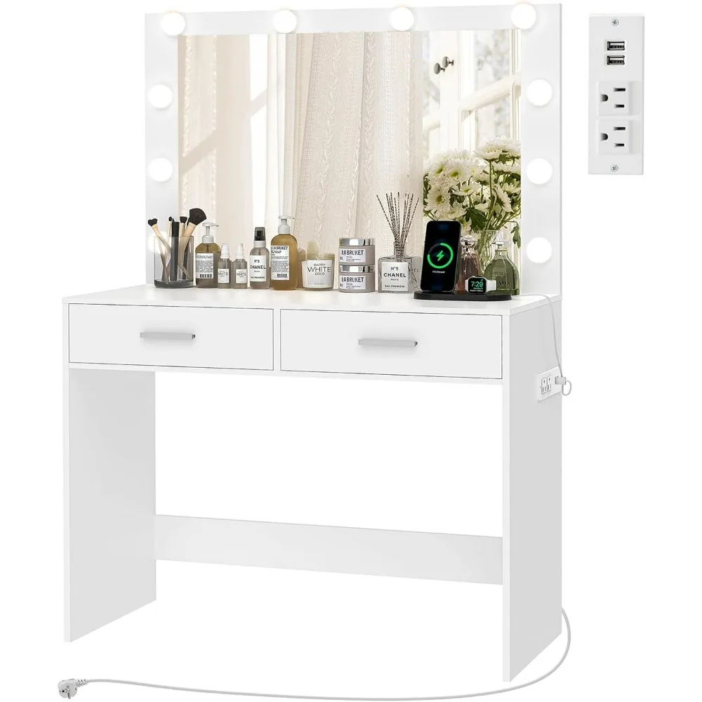 

Vanity Desk with Large Lighted Mirror, Makeup Vanity with 10 Lights, 2 Drawers & Power Strip, Vanity Desk Set