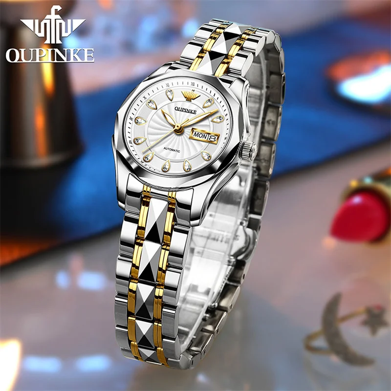 OUPINKE Luxury Ladies Automatic Mechanical Watch White Calendar Diamond Inlay Waterproof Tungsten Steel Band Female Wrist Watch