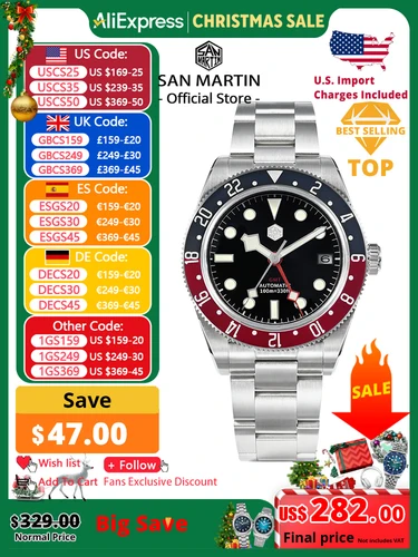 San Martin 39mm NH34 GMT reloj de lujo para hombre bisel de aluminio bidireccional zafiro mecánico automático 100M impermeable SN0109