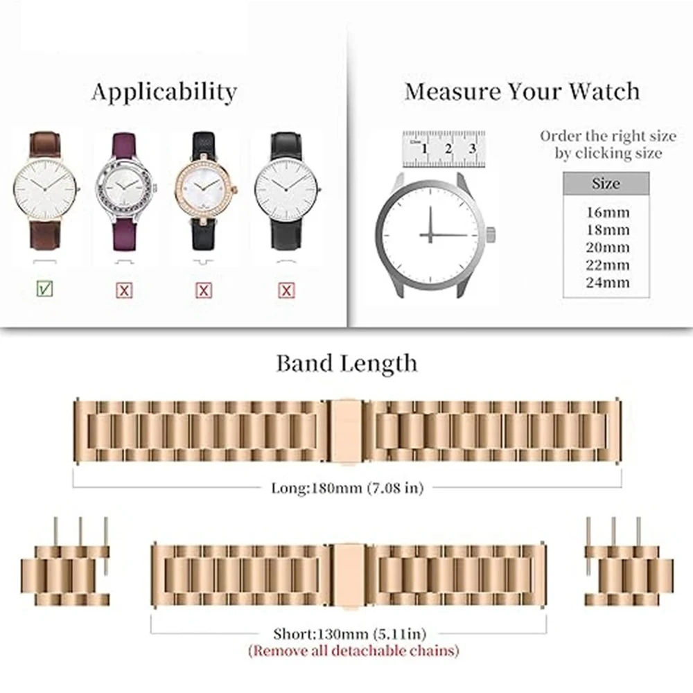 Universal Watchband 12mm 14mm 16mm 18mm 20mm 22mm Universal Stainless Steel Metal Watch Band Strap Bracelet Black Rose Gold