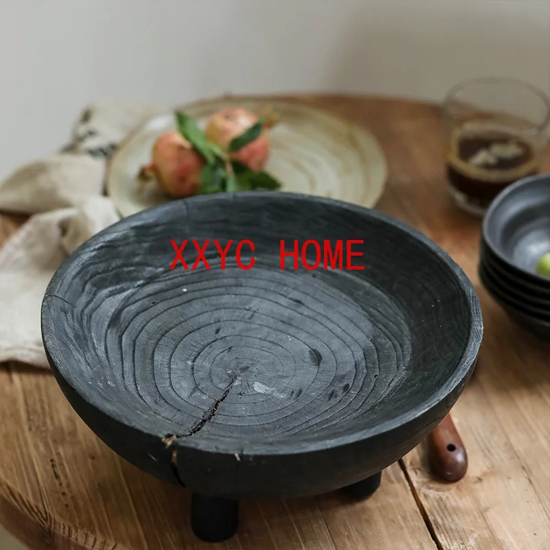 Black Four-Legged Solid Wood Dried Fruit Tray Living Room and Tea Table Decoration Household round Wooden