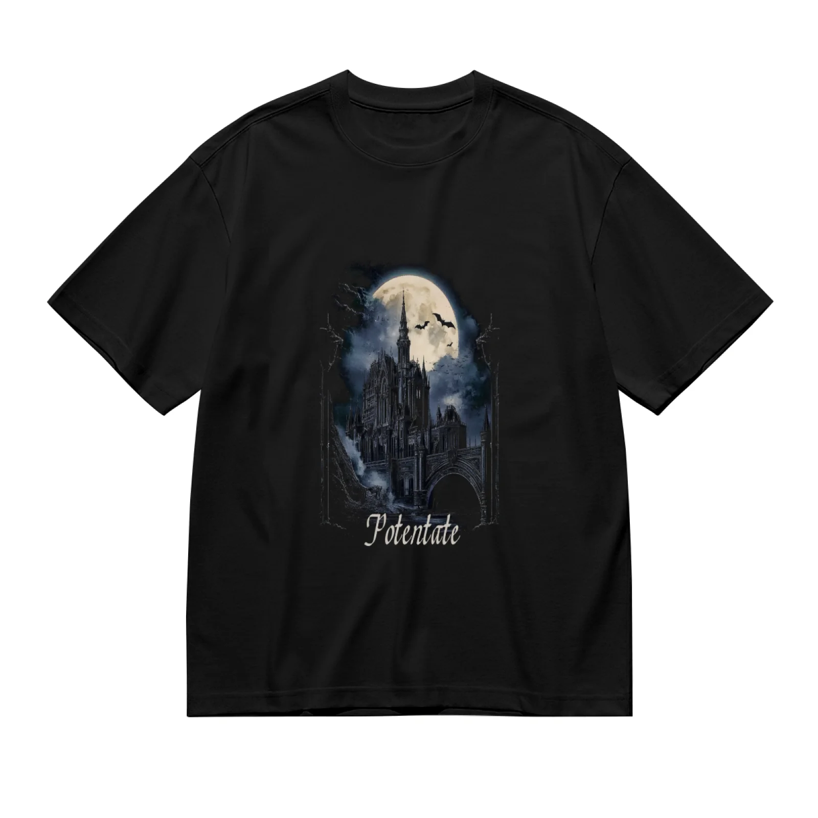 Dark Gothic Castle Graphic T-Shirt, Vintage Moon Night Sky Art Tee, Retro Grunge Aesthetic Streetwear White Shirt for Men and Women