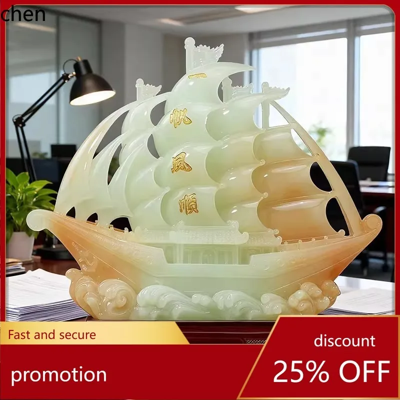 

CZ jade smooth sailing sailboat ornament for living room, office, entrance hall, high-end decoration, company opening gift