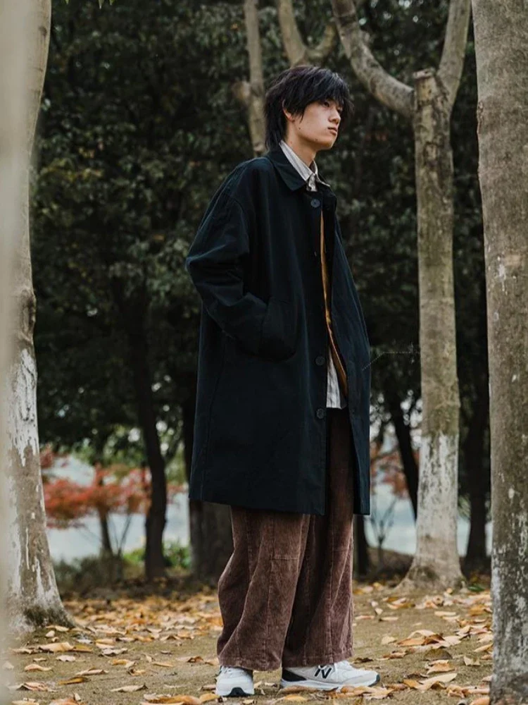 Young Men's Japanese Retro Loose Trench Coat Solid Color Minimalist Couple's Jacket Mid Length for Spring Autumn​