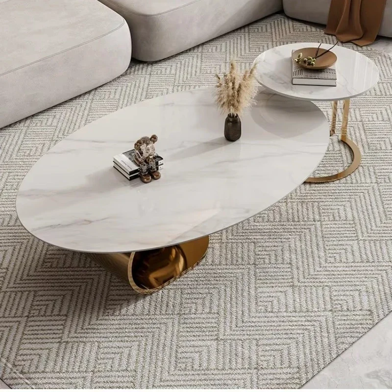 Art Design Living Room Coffee Table Oval Burnt Stone Desktop Stainless Steel Spherical Support Base Coffee Table