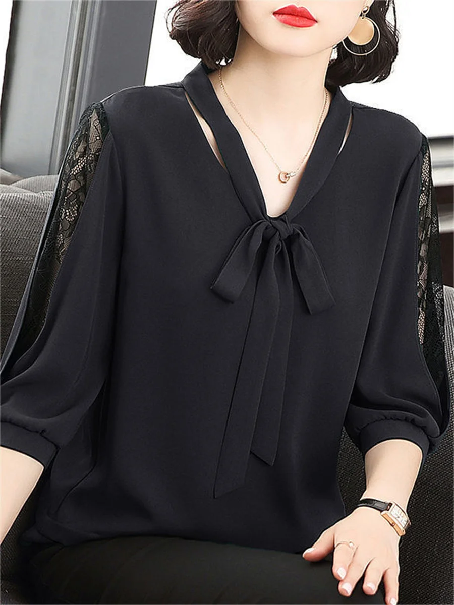 Women Spring Summer Style Blouses Tops Lady Casual Bow Tie Colloar Half Lace Sleeve Loose Blusas Tops DF4275